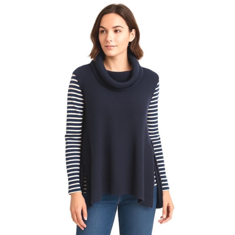Loft Navy Blue Cowl Neck Ribbed Knit Sweater Vest Side Tie Tunic L Comfy 91-24‎